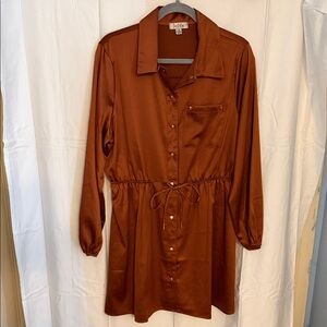 Justify Rust Button-Front Satin Shirt Dress